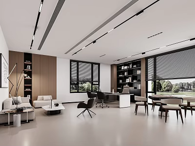 Modern Office Interior With Open Layout Large Windows Bookshelves Sofa And Work Desks 3d model
