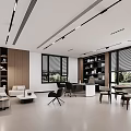 Modern Office Interior With Open Layout Large Windows Bookshelves Sofa And Work Desks 3d model