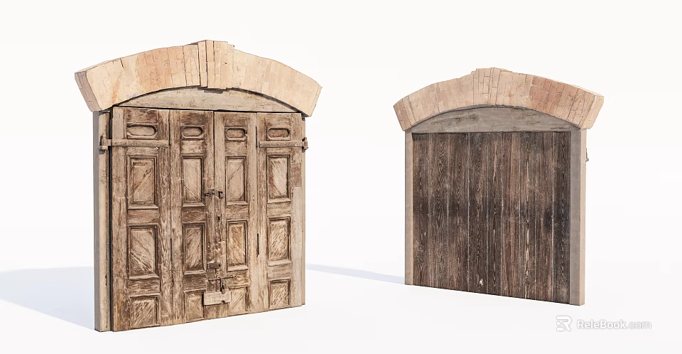 Rustic Wooden Double Doors With Arched Top And Carved Vintage Design 3d model 