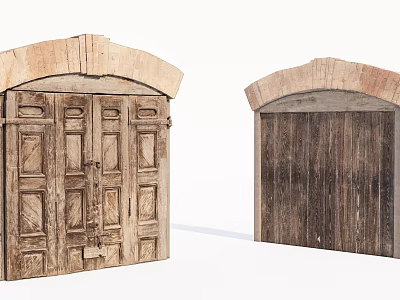 Rustic Wooden Double Doors With Arched Top And Carved Vintage Design 3d model