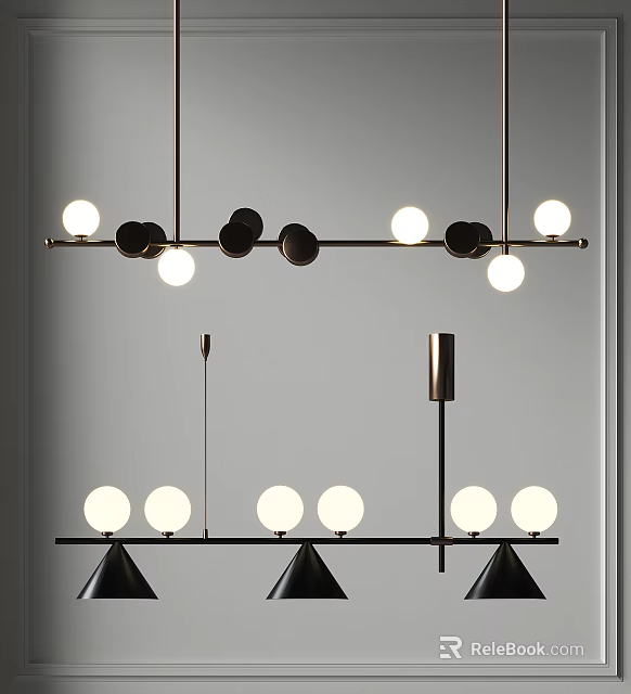 Modern Linear Chandelier With Metal Structure And Spherical Bulbs For Dining Room Lighting 3d model 