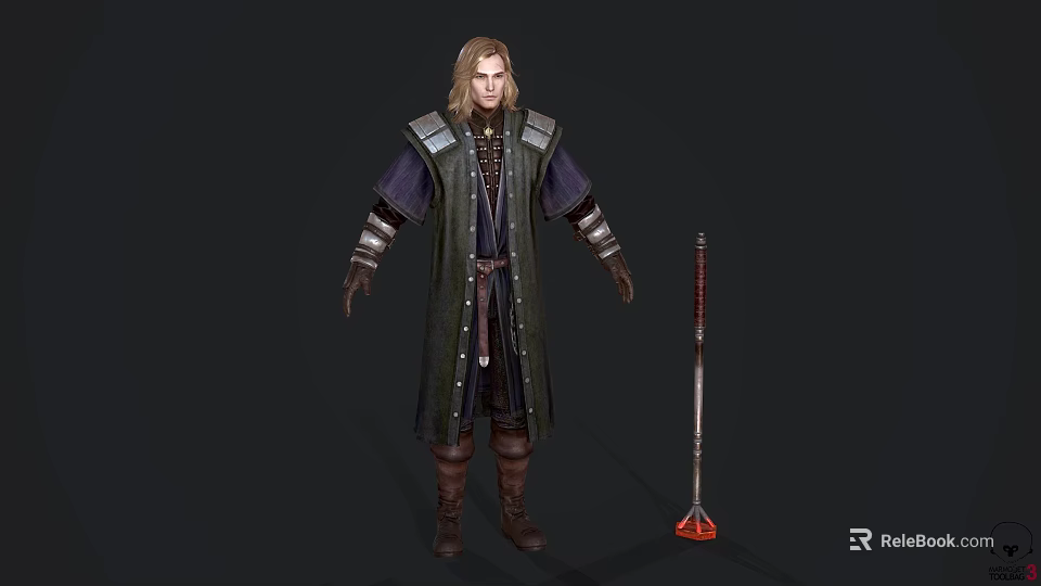 Fantasy Game Character With Long Blond Hair Dark Robe Armored Sleeves And Red Accent Sword 3d model 