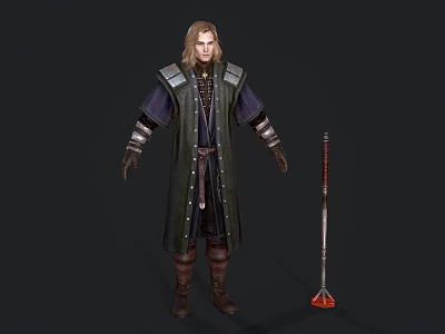 Fantasy Game Character With Long Blond Hair Dark Robe Armored Sleeves And Red Accent Sword 3d model