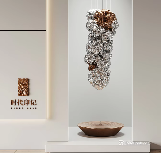 Modern Sculpture Carving With Transparent Crystal Copper Metal And Hanging Wooden Bowl 3d model 