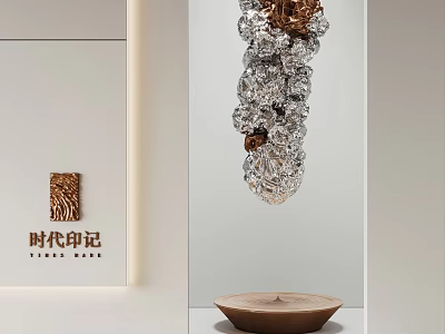 Modern Sculpture Carving With Transparent Crystal Copper Metal And Hanging Wooden Bowl 3d model