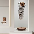 Modern Sculpture Carving With Transparent Crystal Copper Metal And Hanging Wooden Bowl