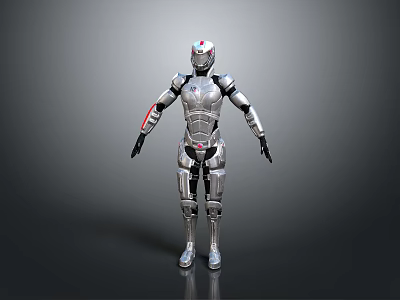 Silver Robot Character With Metallic Armor Helmet And Full Body Design 3d model