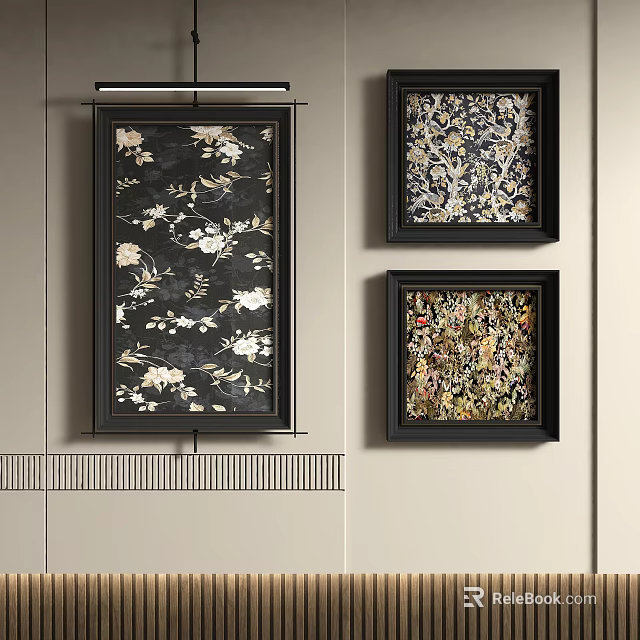 Three Abstract Paintings Black Framed Hanging On Light Wall With Floral Patterns And Striped Accent 3d model 