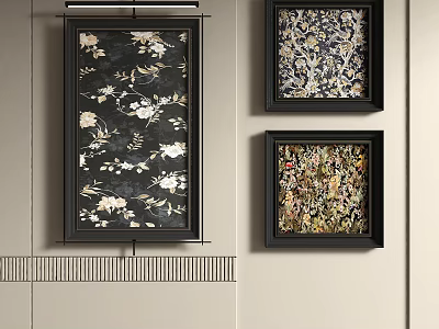 Three Abstract Paintings Black Framed Hanging On Light Wall With Floral Patterns And Striped Accent 3d model