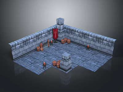 Modern 3D Rendered Castle Interior With Stone Walls Red Door Barrels Spears And Figures 3d model