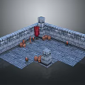 Modern 3D Rendered Castle Interior With Stone Walls Red Door Barrels Spears And Figures