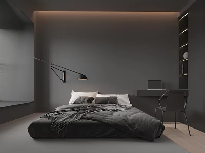 Gray Toned Bedroom With Comfortable Bed Floor Lamp Desk Chair And Bookshelf 3d model