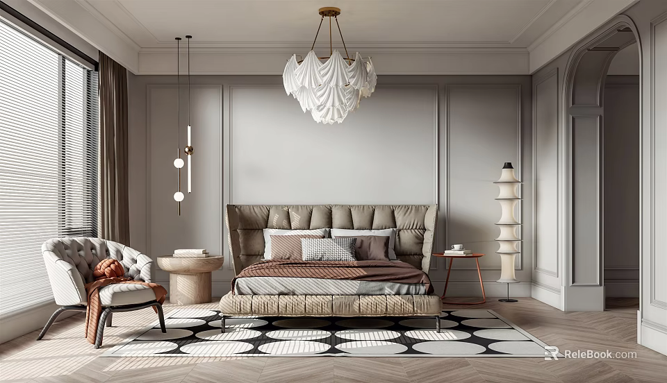 Elegant Modern Bedroom Interior With Tufted Headboard Geometric Rug And White Ruffled Chandelier 3d model 