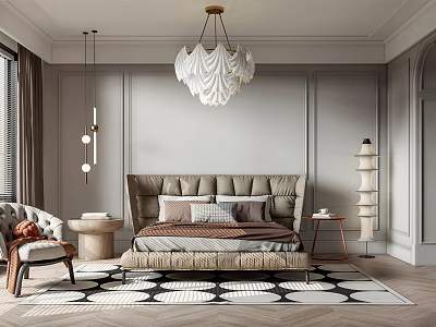 Elegant Modern Bedroom Interior With Tufted Headboard Geometric Rug And White Ruffled Chandelier 3d model