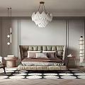 Elegant Modern Bedroom Interior With Tufted Headboard Geometric Rug And White Ruffled Chandelier