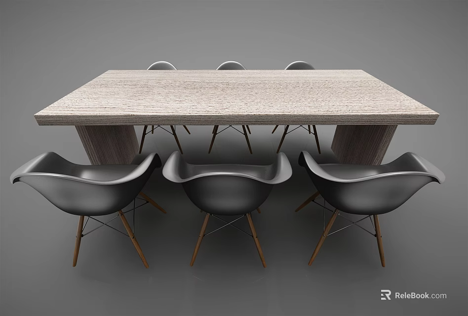 Modern Dining Table Set With Rectangular Concrete Top And Black Chairs With Wooden Legs 3d model 