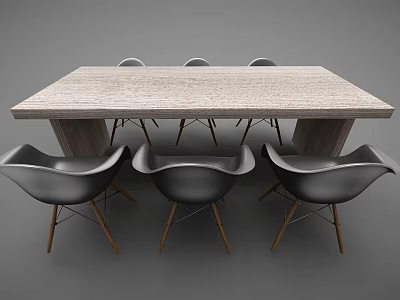 Modern Dining Table Set With Rectangular Concrete Top And Black Chairs With Wooden Legs 3d model