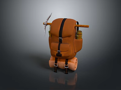 Practical Brown Backpack with Black Straps Tools Water Bottle and Rolled Sleeping Bag 3d model
