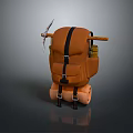 Practical Brown Backpack with Black Straps Tools Water Bottle and Rolled Sleeping Bag
