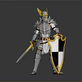 Man in Silver Armor with Golden Horned Helmet Holding Sword and Black and White Shield
