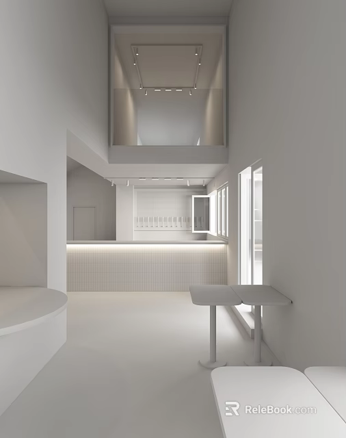 Bright Modern Cafe Interior With Open Layout White Bar And Large Windows 3d model