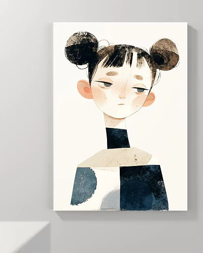 Watercolor Style Portrait Illustration of Girl with Double Buns Soft Eyes and Geometric Color Blocks 3d model