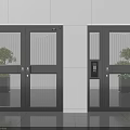 Modern Double Doors With Metal Frame Striped Glass Access Control Device And Side Plants