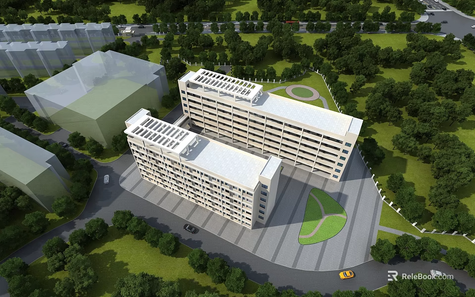 Modern Office Buildings Surrounded By Green Trees And Lawn With Parking Area And Road Access 3d model 