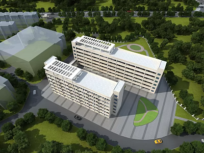 Modern Office Buildings Surrounded By Green Trees And Lawn With Parking Area And Road Access 3d model