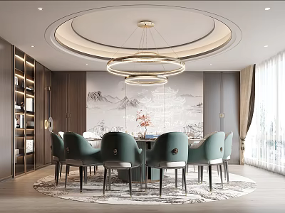 Modern Private Dining Room Interior With Round Table Teal Chairs And Landscape Painting Backdrop 3d model