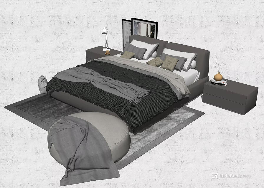 Modern Bedroom Double Bed With Bedside Tables Table Lamp Decorations Rug And Ottoman 3d model