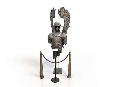 Realistic Style Cavalry Armor Display Stand Knight Armor Metal Wings Red Velvet Rope Gold Pillar 3d model