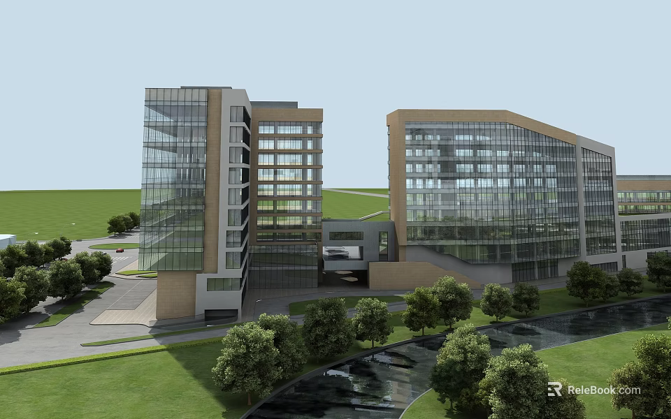 Modern Residential Buildings With Glass Curtain Walls Geometric Design Lush Greenery Trees And River 3d model 