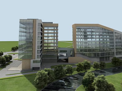 Modern Residential Buildings With Glass Curtain Walls Geometric Design Lush Greenery Trees And River 3d model