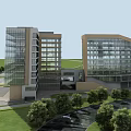 Modern Residential Buildings With Glass Curtain Walls Geometric Design Lush Greenery Trees And River