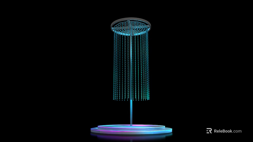 Illuminated Decorative Structure With Circular Top And Blue Hanging Chains On Black Background 3d model