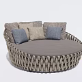 Light Gray Woven Round Outdoor Sofa with Colorful Patterned Cushions for Garden Use 3d model