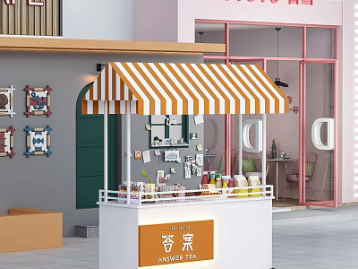 White Functional Vehicle With Orange And White Striped Awning For AINTEA Drink Selling 3d model