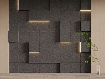 Modern Gray Wall With Square Modules And Built In Light Strips Near Vase And Plant 3d model