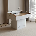 Modern White Base Podium With Wooden Top And Microphone In Room Interior