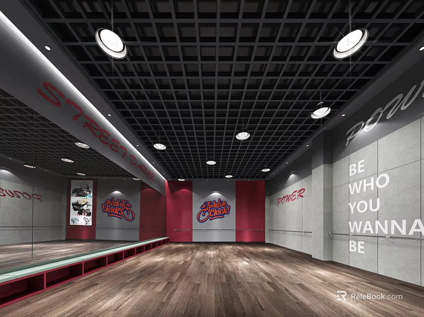 Modern Fitness Gym Interior Featuring Mirrors Red Walls Wooden Floors And Street Dance Motto 3d model 