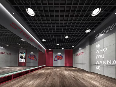 Modern Fitness Gym Interior Featuring Mirrors Red Walls Wooden Floors And Street Dance Motto 3d model