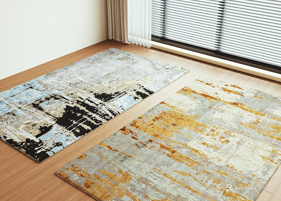 Two Square Rugs In Room With Wooden Floor And Window 3d model 