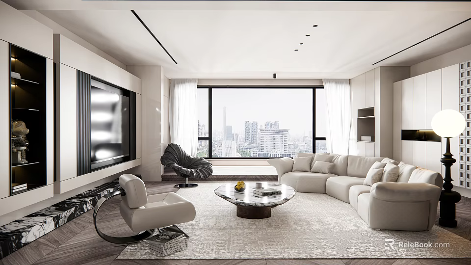 Modern Living Room Interior With Large Windows City View Beige Sofa Armchair And Coffee Table 3d model 