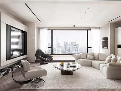 Modern Living Room Interior With Large Windows City View Beige Sofa Armchair And Coffee Table 3d model