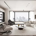 Modern Living Room Interior With Large Windows City View Beige Sofa Armchair And Coffee Table