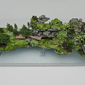 Floating Island Garden Landscape with Trees Pavilions Rock Formations and Waterfall Flowing into Water Surface