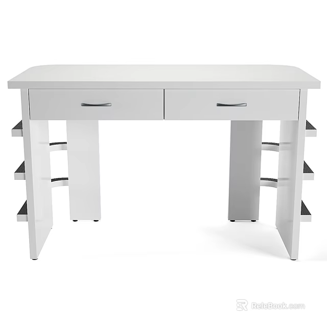 White Functional Desk with Two Drawers and Side Shelves for Home Office Use 3d model 