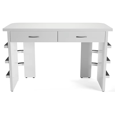 White Functional Desk with Two Drawers and Side Shelves for Home Office Use 3d model
