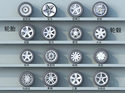 Car Tires and Rims Collection Featuring Various Brands Such As BMW Honda Audi Mercedes 3d model